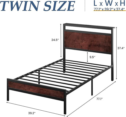 Fluest Twin Bed Frame with Headboard & Footboard, Twin Bed Frame with Charging Station & LED Light, Under-Bed-Storage, No Box Spring Needed, Noise Free, Easy Assembly, Coffee Brown
