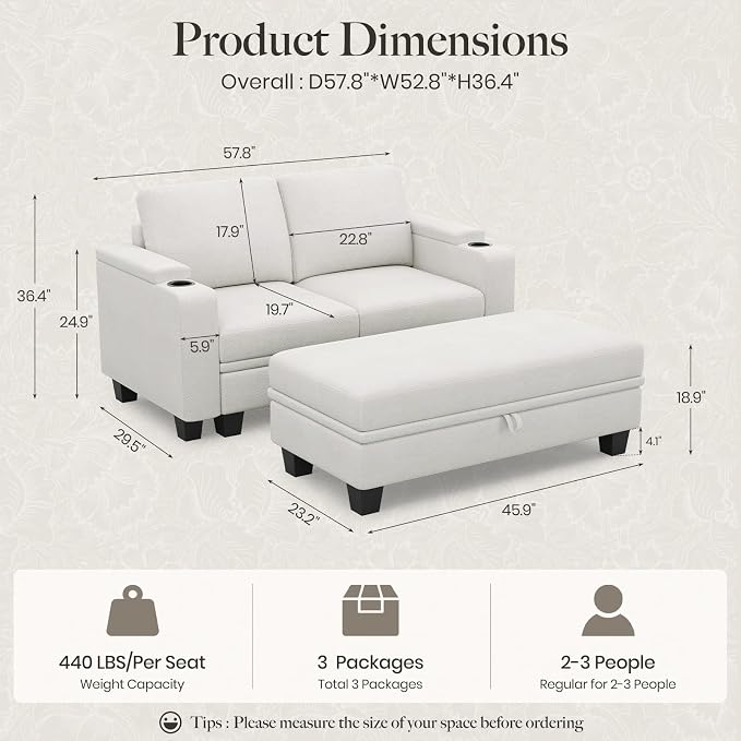 Belffin Sectional Sofa Bed with Storage Ottoman Small Modular Couch with Cup Holder Apartment Couch Beige