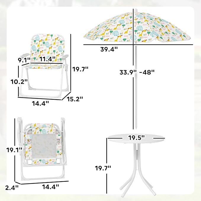 Qaba Kids Picnic Table and Chair Set, Outdoor Activity Table with Foldable Chairs, Removable Umbrella, Elephant and Giraffe Pattern Toddler Patio Furniture for Backyard, Garden, White