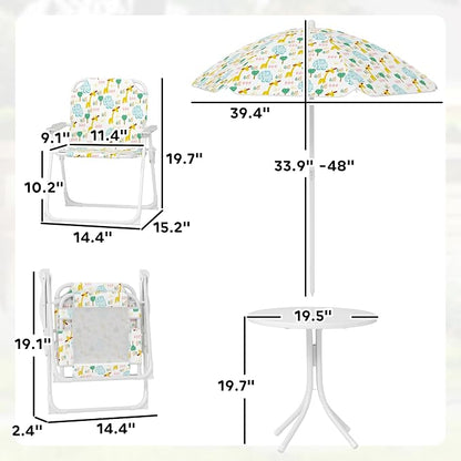 Qaba Kids Picnic Table and Chair Set, Outdoor Activity Table with Foldable Chairs, Removable Umbrella, Elephant and Giraffe Pattern Toddler Patio Furniture for Backyard, Garden, White