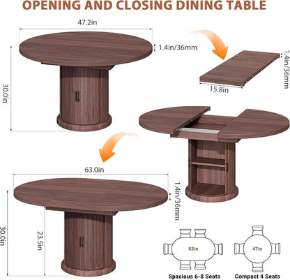 Jocoevol Extendable Round Kitchen Dining Room Table for 4-6 with 2-Tier Storage Shelf, 63'' Space Saving Expandable Wood Oval Circle Dinner Furniture with Pedestal Base (Brown)