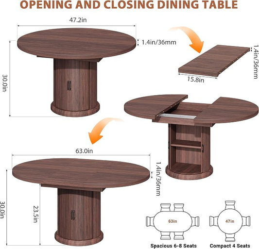 Jocoevol Extendable Round Kitchen Dining Room Table for 4-6 with 2-Tier Storage Shelf, 63'' Space Saving Expandable Wood Oval Circle Dinner Furniture with Pedestal Base (Brown)