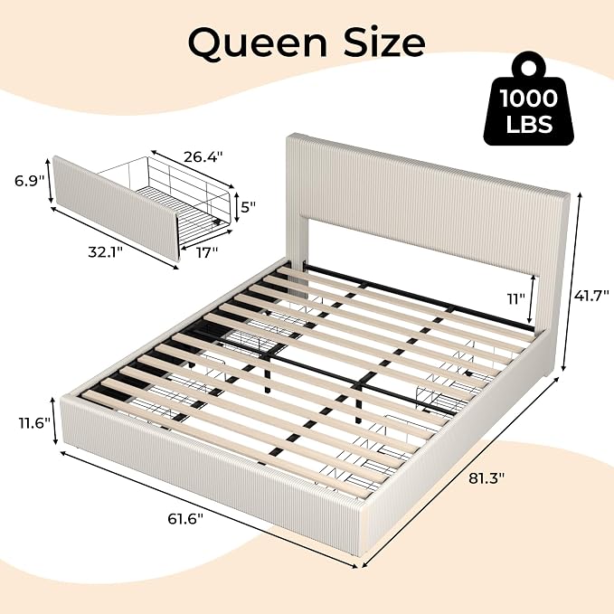 Garvee Corduroy Bed Frame with Headboard, Platform Upholstered Queen Bed Frame with 4 Storage Drawers and Wooden Slats Support, No Box Spring Needed, Beige
