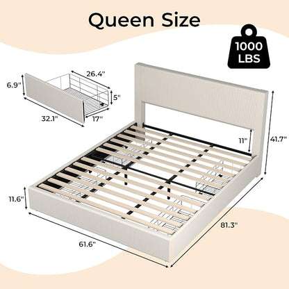 Garvee Corduroy Bed Frame with Headboard, Platform Upholstered Queen Bed Frame with 4 Storage Drawers and Wooden Slats Support, No Box Spring Needed, Beige