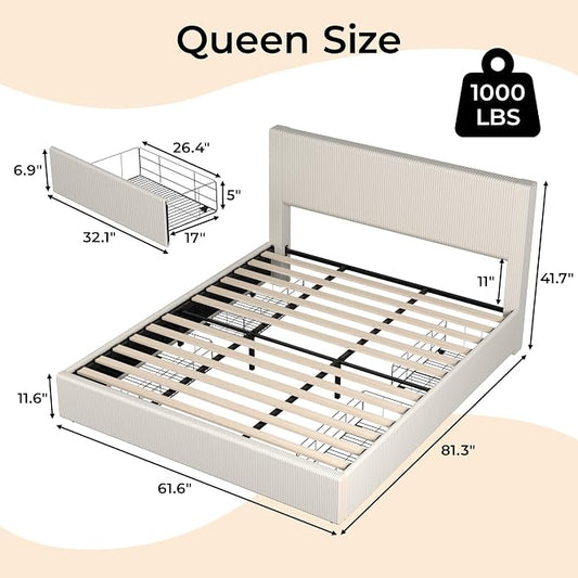 Garvee Corduroy Bed Frame with Headboard, Platform Upholstered Queen Bed Frame with 4 Storage Drawers and Wooden Slats Support, No Box Spring Needed, Beige