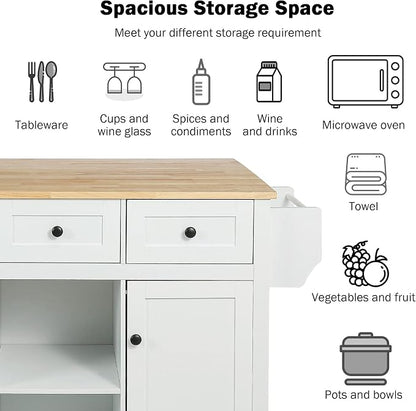 Large Kitchen Island with Rubber Wood Drop Leaf, Rolling Kitchen Cart with Ample Storage on Wheels with Doors and Drawers for Dining Room (Modern White, White Handle, 53Inch)