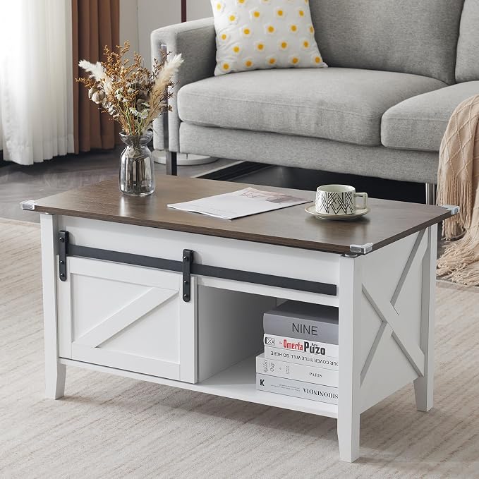 VINGLI Farmhouse Lift Top Coffee Table,36" Living Room Table,White Oak