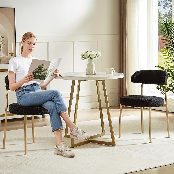 SoarFlash Dining Chairs, Black Boucle Dining Chairs Set of 6, Kitchen Dining Room Chairs Curved Backrest Upholstered Mid Century Modern Chairs with Golden Metal Legs