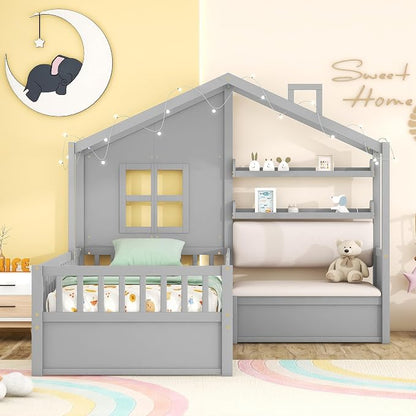 Merax Twin Size House Bed with Upholstered Sofa Seat, Grey Kids Platform Bed with Two Drawers and Storage Shelf, Wood Bed Frame