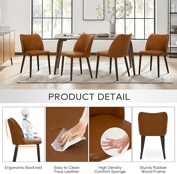 COLAMY Dining Chairs Set of 6, Upholstered Leather Kitchen Chairs with Curved Back, Padded Seat and Solid Wood Legs, Modern Dining Chair for Kitchen Dining Room,Light Brown