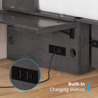 Mjkone Queen Murphy Bed Cabinet with Tri-Fold Mattress Included, Drawers, USB Charging Station, Modern Versatile Wood Chest Cabinet Wall Bed, Wooden Guest Beds for Bedroom Home Apartment, Dark Grey