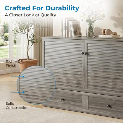 Mjkone 63" W Queen Size Murphy Bed Cabinet with Mattress Include, Modern Guest Cabinet Beds with USB Charging Station, Chest Cabinets Bed with Storage Drawer for Bedroom Home Office, Grey