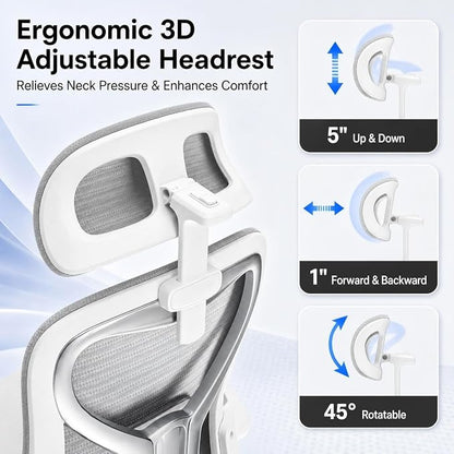 Ergonomic Office Chair for Back & Neck Pain Relief, Virgin Foam Seat, 2D Adjustable Lumbar & 3D Headrest, Tilt & Rock for Relaxation, Ideal for Long Sitting Comfort, Gray/Silver
