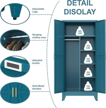 Metal armoire Wardrobe Closet with Hanging Rod,71'' Metal Wardrobe Cabinet with 2 Doors and 4 Adjustable Shelves, Bedroom armoires,Laundry Room cabinets,armario de ropa Closet