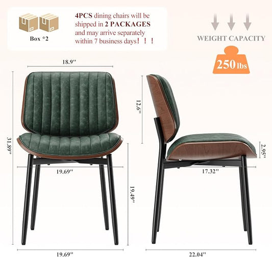 MALOL Leather Dining Chairs Set of 4, Modern Upholstered Dining Room Kitchen Chairs with Metal Legs and Wooden Back Support for Home Dining Room/Restaurant, Green