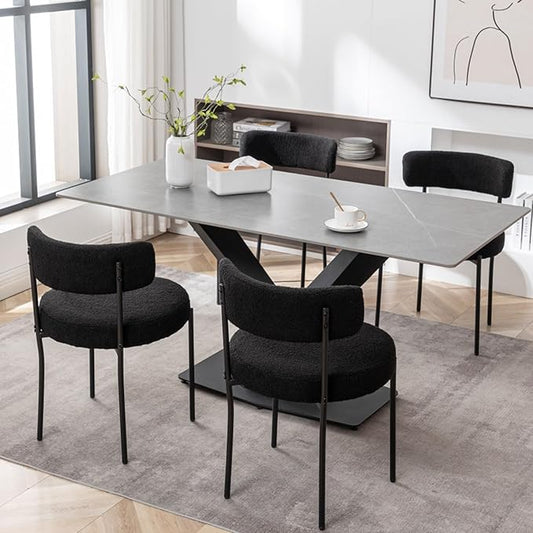 Cinxzar Black Boucle Dining Chairs Set of 4, Upholstered Dining Chairs with Black Metal Legs, Round Modern Dining Chair for Dining Room
