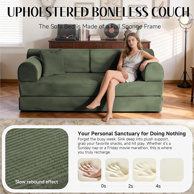 79'' Convertible Sofa Bed, 6 in 1 Folding Floor Futon Couch Sleeper with Fixed Frame, Corduroy Modular Sofa Bed with Removable Armrests & Pillows, No Assembly for Living Room Bedroom (Light Green)