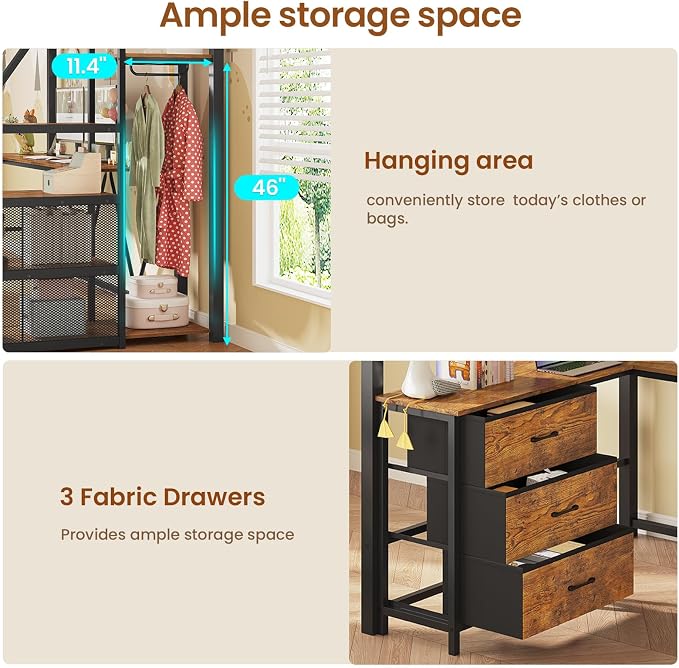 Itaar Stairway Twin Size Loft Bed with L Shaped Desk and Wardrobe, Metal Loft Bed Frame with Storage Stairs, 3 Fabric Drawers, LED Lights & Charging Sation (Rustic Brown, Twin)