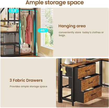 Itaar Stairway Twin Size Loft Bed with L Shaped Desk and Wardrobe, Metal Loft Bed Frame with Storage Stairs, 3 Fabric Drawers, LED Lights & Charging Sation (Rustic Brown, Twin)