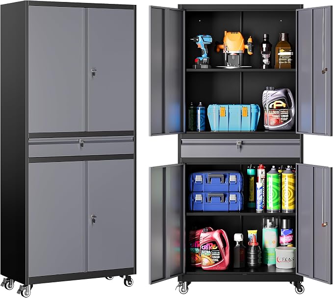 Metal Garage Storage Cabinet with Wheels and Drawer,Gray Rolling Garage Cabinet with Locking Doors and Adjustable Shelves,73" Tall Mobile Metal Storage Cabinets on Wheels for Home,Office,Garages,Tool