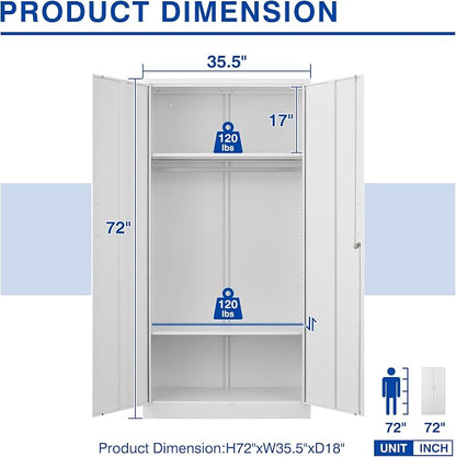 BYNSOE Metal Storage Cabinet 72'' Metal Locker with Locking Storage Locker with Hanging Rod for Office Hospital Require Assembly (White)