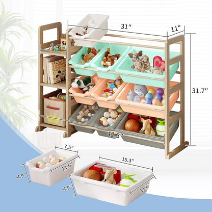 Toy Storage Organizer - Toy Organizers and Storage with Bookshelf, Toy Storage Shelf with 3 Shelves and 12 Storage Bins, Kids Bookshelf and Toy Storage for Kids Room, Playroom, Nursery, Multi color