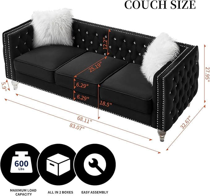83" Chesterfield Sofa, Velvet Mid-Century Modern Upholstered Couch with 2 Throw Pillows and Acrylic Legs, Nailhead Button Tufted Vintage Sofa for Living Room, Apartment, Office, Black