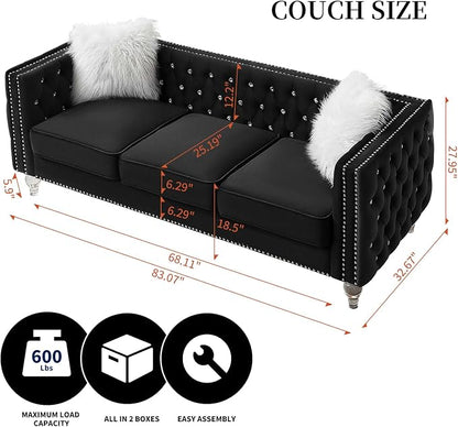 83" Chesterfield Sofa, Velvet Mid-Century Modern Upholstered Couch with 2 Throw Pillows and Acrylic Legs, Nailhead Button Tufted Vintage Sofa for Living Room, Apartment, Office, Black