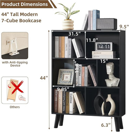 LEYAOYAO 7 Cube Black Bookshelf, 3 Tier Modern Bookcase with Legs, Wood Cubeicals Organizer Storage Open Shelves, Retro Display Book Shelf, Freestanding Short Book case for Bedroom,Living Room,Office