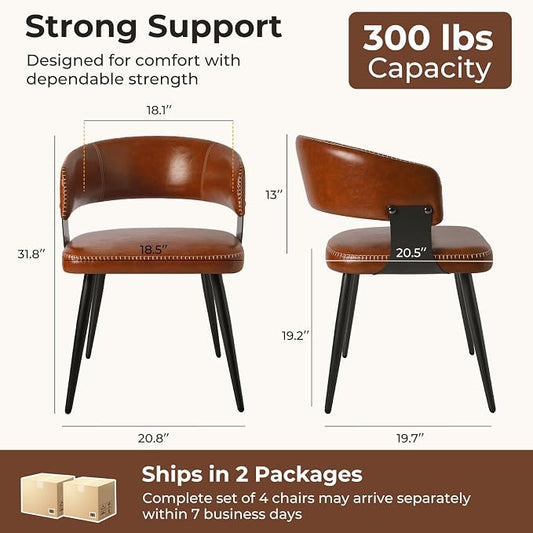 Dining Chairs Set of 4, Modern Upholstered Faux Leather Kitchen Chairs with Elegant Stitching, Easy to Assemble & Clean for Dining Room, Restaurant, Cafe, Vintage Brown