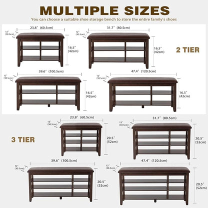 PY HOME & SPORTS Shoe Rack for Entryway 39.4": 3-Tier Shoe Storage Bench, Adjustable/Removable Shelves, Rubberwood Shoe Benches for Hallway, Porch, Bathroom, Brown