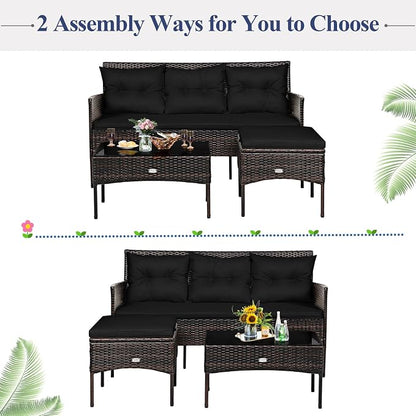 Tangkula 3 Pieces Patio Conversation Set, All Weather Outdoor PE Rattan Wicker Furniture Set with Padded Cushions, Tempered Glass Coffee Table, for Poolside, Backyard, Garden