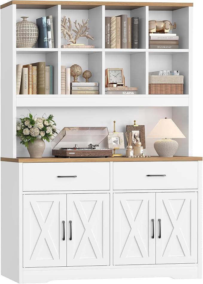 TEENFON Storage Cabinet with Doors and Drawers, Pantry Cabinets, 5 Tier Floor Standing Bookshelves, Bookshelf and Bookcase, 8 Open Storage Shelves and Printer Stand for Study, Living Room, Office