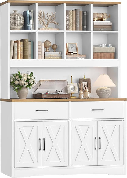 TEENFON Storage Cabinet with Doors and Drawers, Pantry Cabinets, 5 Tier Floor Standing Bookshelves, Bookshelf and Bookcase, 8 Open Storage Shelves and Printer Stand for Study, Living Room, Office