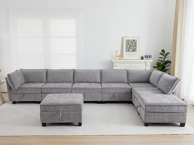 ORRD Oversized Modular Sectional Sofa Set, Convertible U Shaped Couch with Storage, 8 Seater Sofa Modular with Ottomans and Reversible Chaise for Living Room, Office (Grey)