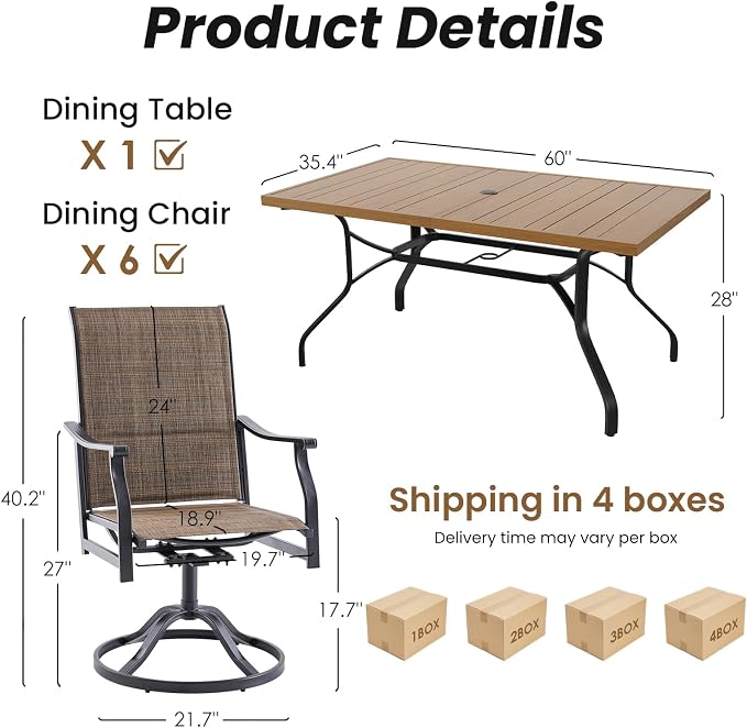 Soohow Outdoor Dining Set for 6, 7-Piece Patio Table and Chairs Set, 6 x Swivel Patio Dining Chairs and 60"x35" Wood-Like Outdoor Table with 1.57" Umbrella Hole for Backyard, Poolside