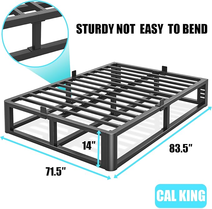 Bilily Metal Heavy Duty 14 inch California King Bed Frame with Rounded Corner and Headboard Hole Mattress Retainers 3500 LBS No Box Spring Needed Platform Noise Free Easy Assembly