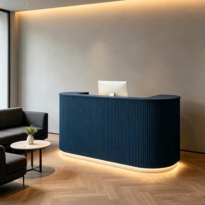Modern Reception Desk Check Out Counter Front Desk for Spa Salon Office | Power Outlet Lockable Cabinet Keyboard Tray Privacy Panel Cable Grommet Open Storage Storage Cabinet