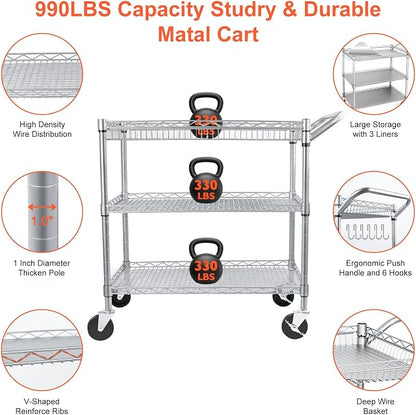 BolDuck Heavy Duty Utility Cart, 990Lbs Capacity 3 Tier Rolling Carts with Wheels, Kitchen Cart on Wheels with Storage, Commercial Grade Metal Serving Carts with Wire Shelving &Handle Bar, Silver
