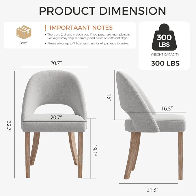 Wooden Dining Chairs Set of 2, Upholstered Modern Chenille Dining Room Chair Kitchen Chairs, Comfy Farmhouse Dinner Chair for Kitchen Dining Room, Grey