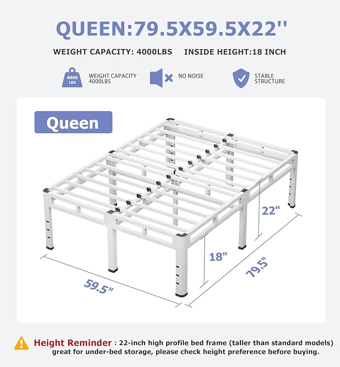 NKZ 22 Inch Queen Size Bed Frame, Metal Bed Frame & Box Spring 2 in 1 Platform with Round Corner Legs, 4000Lbs Heavy Duty Metal Frame, Mattress Slide Stopper, Headboard Hole, Noise-Free, Easy Assembly