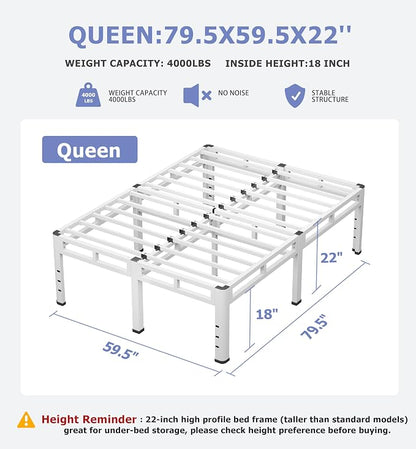 NKZ 22 Inch Queen Size Bed Frame, Metal Bed Frame & Box Spring 2 in 1 Platform with Round Corner Legs, 4000Lbs Heavy Duty Metal Frame, Mattress Slide Stopper, Headboard Hole, Noise-Free, Easy Assembly