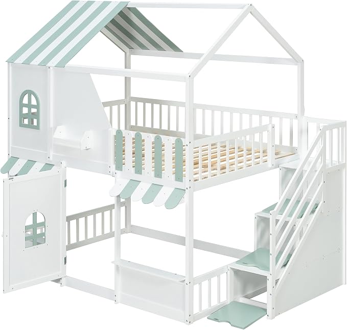 Merax Full Over Full Wood House Bunk Bed Frame with Storage Staircase & Shelves, Modern Low Bunk Bed with Solid Slats, Guardrail, No Box Spring Required, Easy Assembly,Playhouse Design,White+Green
