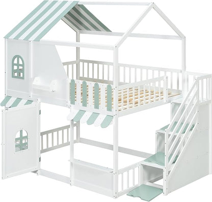 Merax Full Over Full Wood House Bunk Bed Frame with Storage Staircase & Shelves, Modern Low Bunk Bed with Solid Slats, Guardrail, No Box Spring Required, Easy Assembly,Playhouse Design,White+Green