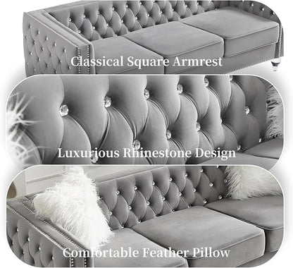 83" Chesterfield Sofa, Velvet Mid-Century Modern Upholstered Couch with 2 Throw Pillows and Acrylic Legs, Nailhead Button Tufted Vintage Sofa for Living Room, Apartment, Office, Grey