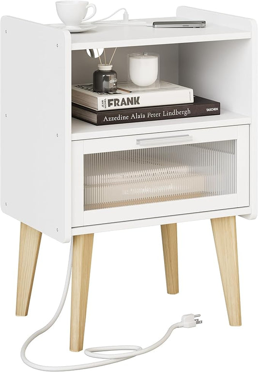 MMEOLUOOK Nightstand with Charging Station, Bedside Tables with Glass Decorative Door, End Table Side Table with 2 Tiers Storage Space, for Bedroom, Living Room, White CAMLBZ07WE