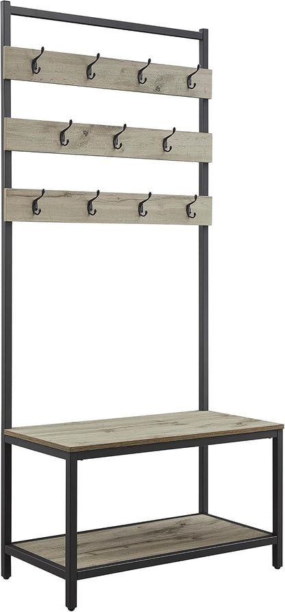 Linon Shaymus Grey Metal Hall Tree with Greywashed Wood Bench and Seat Featuring Multiple Hooks