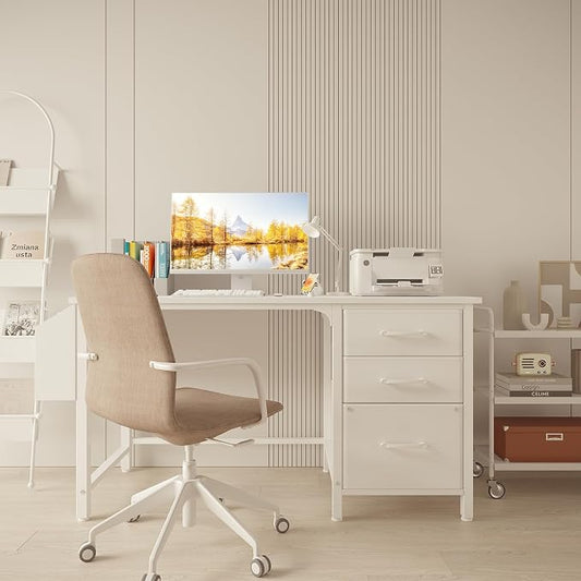 Lufeiya White Desk with File Drawers Cabinet, 47 Inch Reversible Computer Desk with Fabric Filing Cabinet for Bedroom Small Space Home Office, Modern Writing Table PC Desks, White