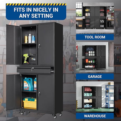 Fesbos 73" Metal Cabinet-Black Heavy Duty Rolling Storage Cabinet Steel Cabinets with Wheels, Shelves, Lockable Doors and Drawers- for Garage, Pantry, Warehouse - Assembly Required
