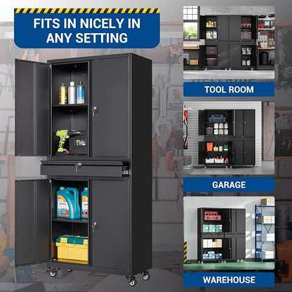 Fesbos 73" Metal Cabinet-Black Heavy Duty Rolling Storage Cabinet Steel Tool Cabinets with Wheels, Shelves, Lockable Doors and Drawers- for Garage, Pantry, Warehouse Home Office- Assembly Required